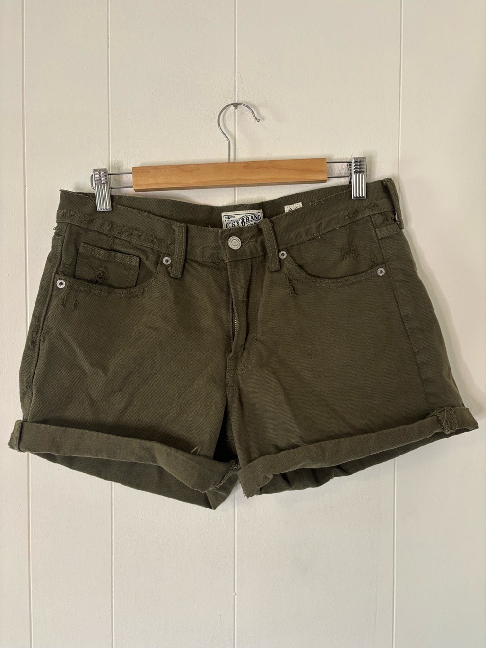 Lucky Brand Olive Green Rolled-Hem Jean Mid Rise Shorts 100% Cotton Size 6